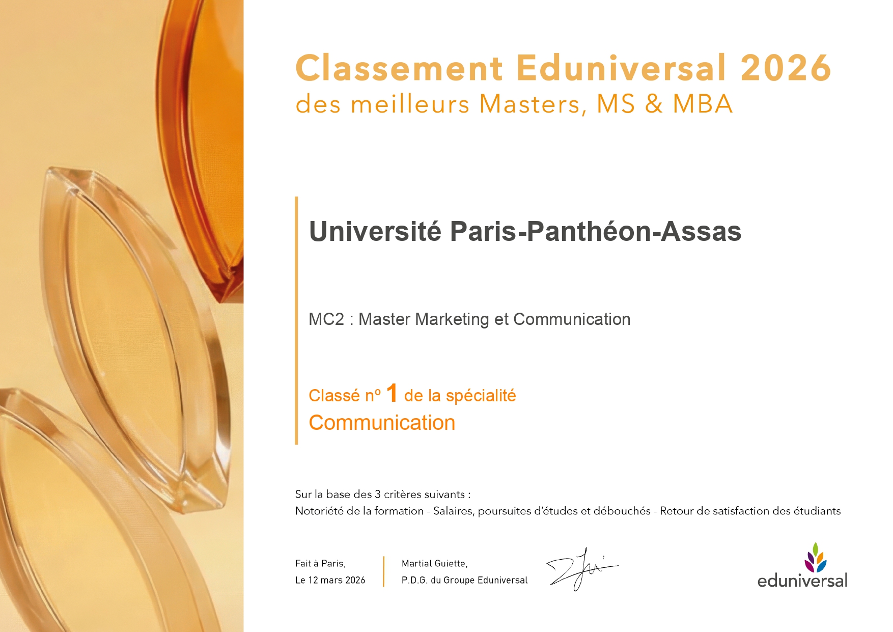 Classement communication - 1ère place du Master MC2