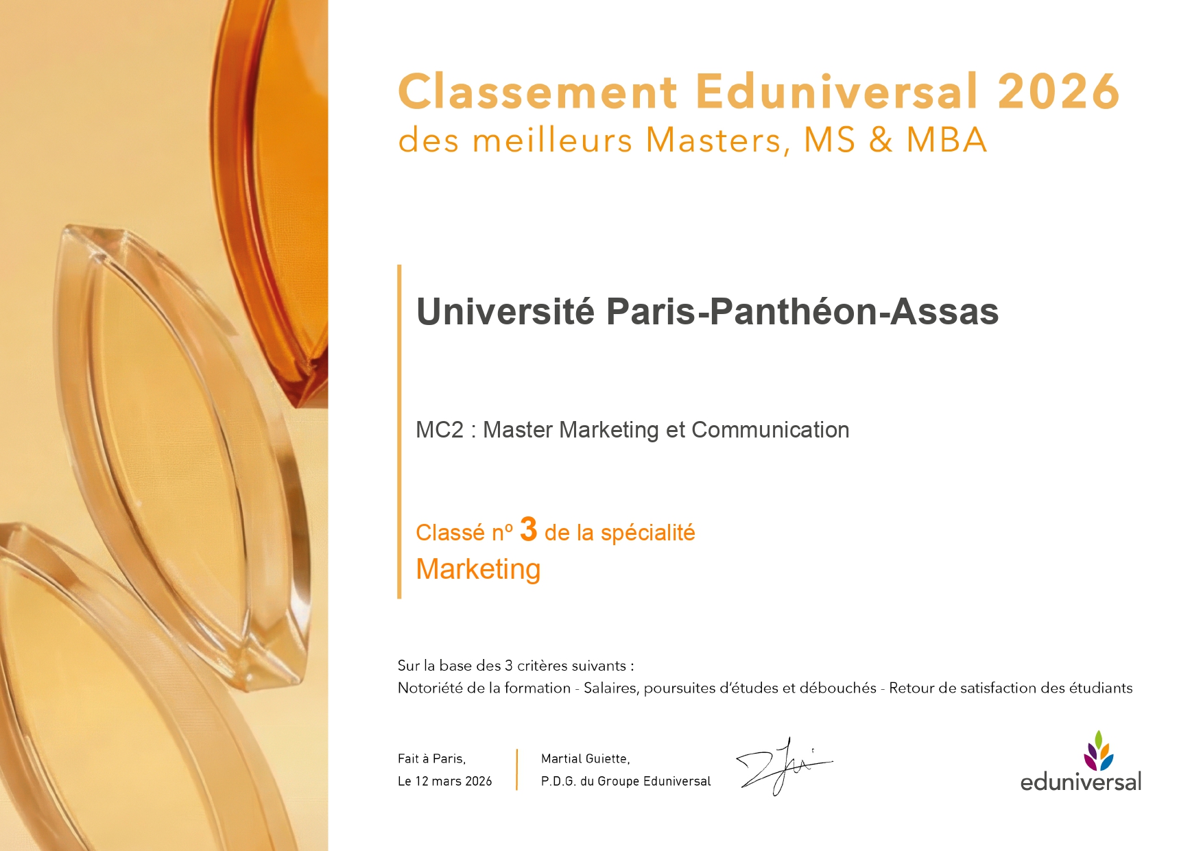 Top 3 du Master MC2 au classement Eduniversal